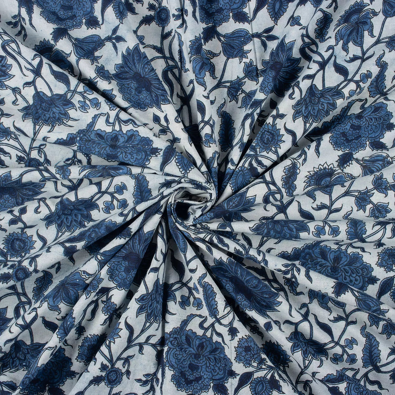 Indigo Blue Floral Vine Hand Block Printed Cotton Fabric Material