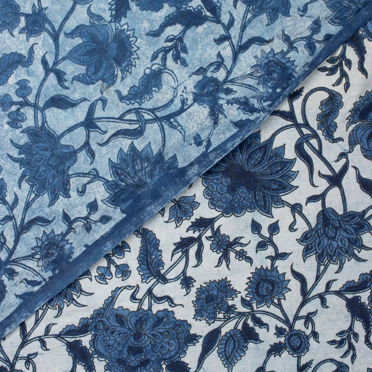 Indigo Blue Floral Vine Hand Block Printed Cotton Fabric Material
