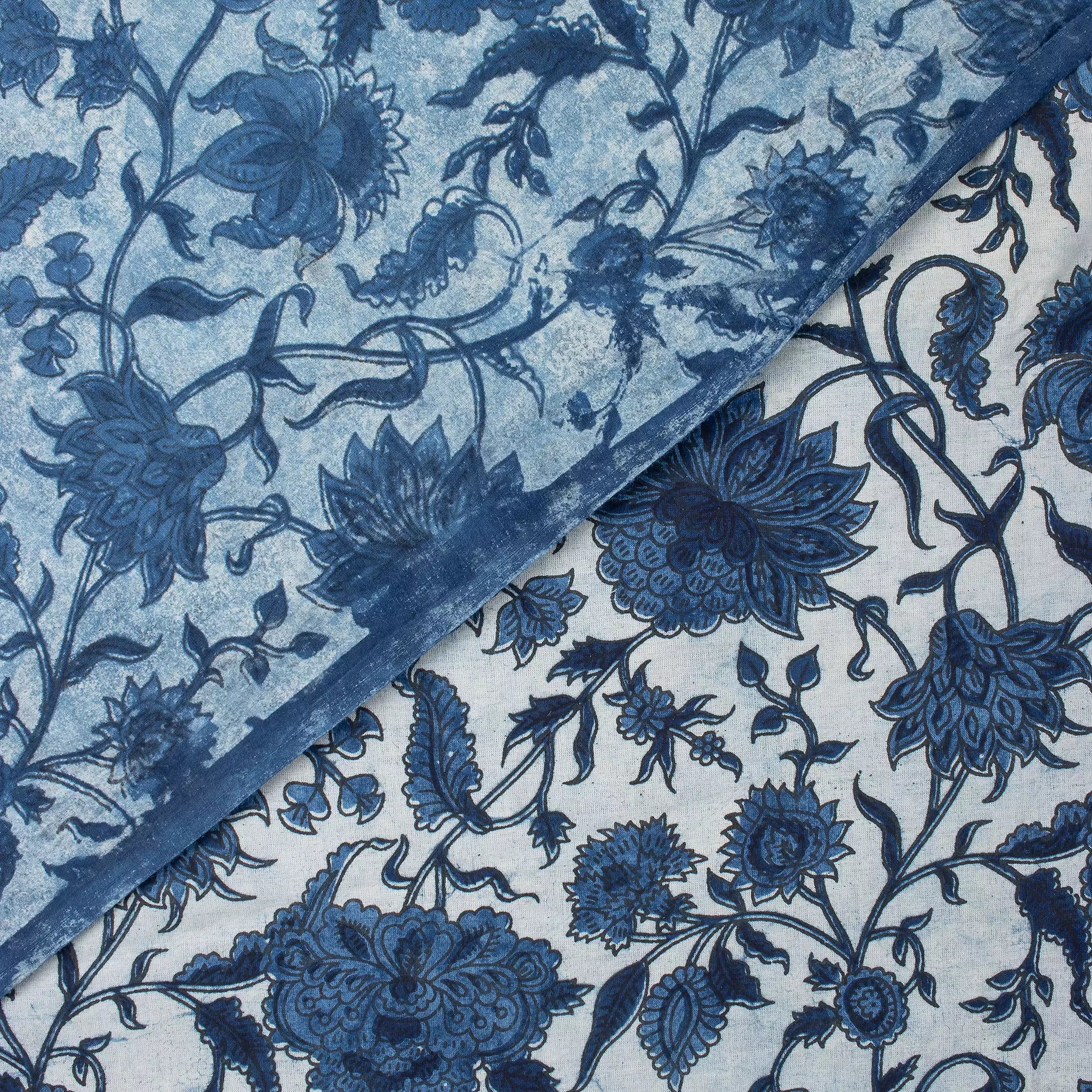 Indigo Blue Floral Vine Hand Block Printed Cotton Fabric Material