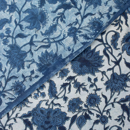 Indigo Blue Floral Vine Hand Block Printed Cotton Fabric Material