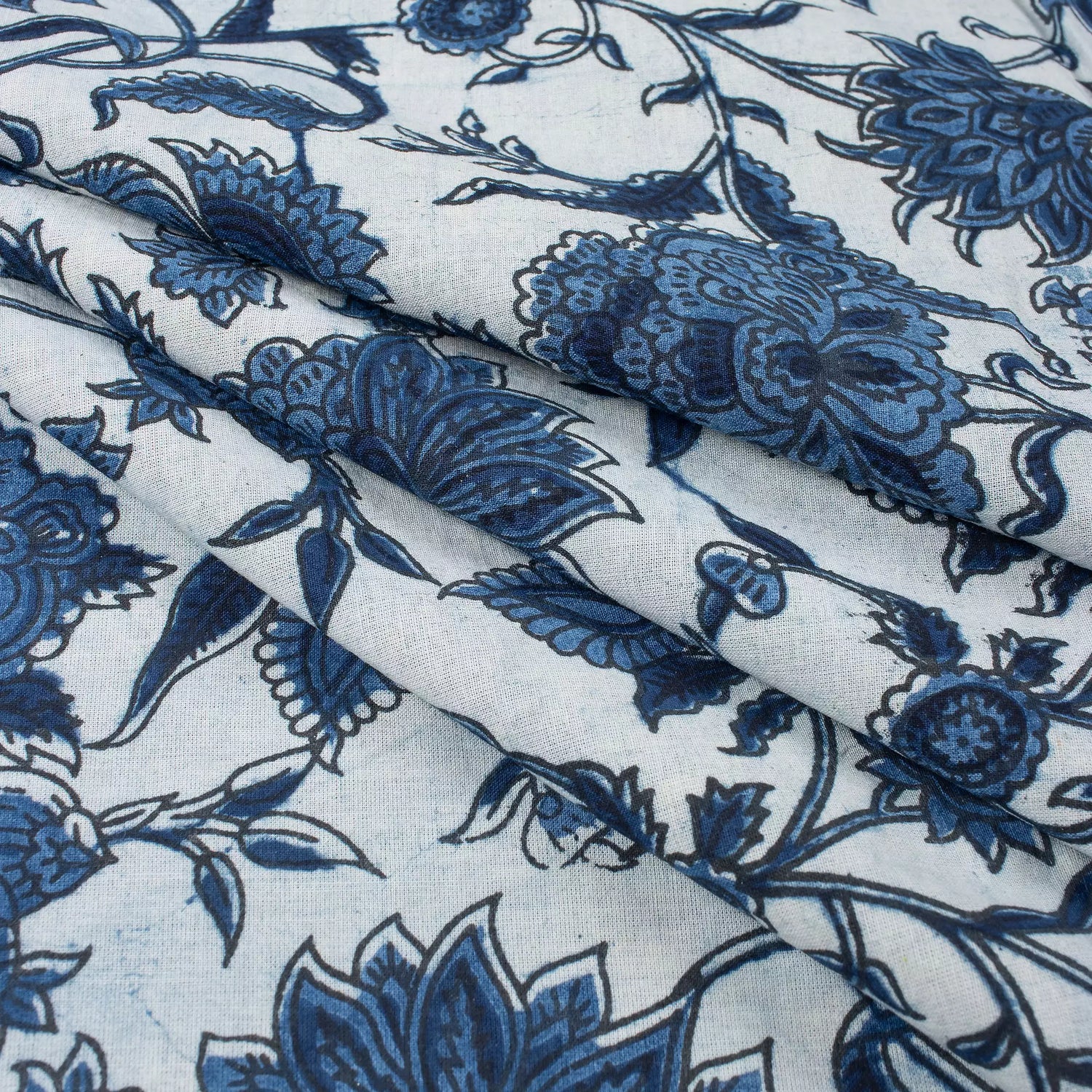Indigo Blue Floral Vine Hand Block Printed Cotton Fabric Material