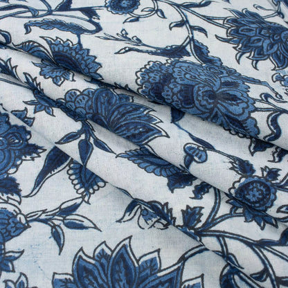 Indigo Blue Floral Vine Hand Block Printed Cotton Fabric Material