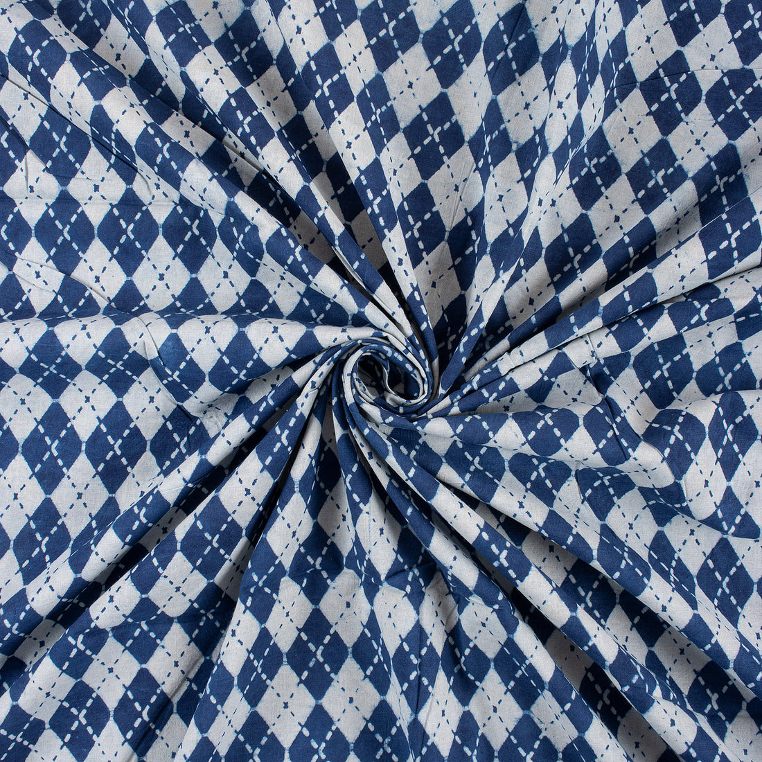 Indigo Blue Geometrical Printed Organic Natural Cotton Fabric