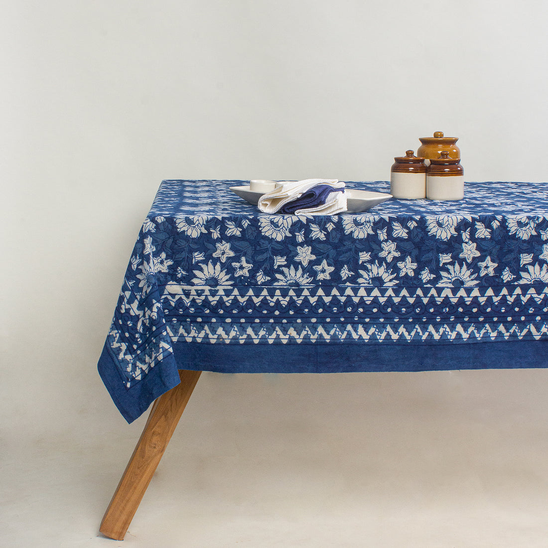 Indigo Dabu Hand Block Print Cotton Dining Table Cloth