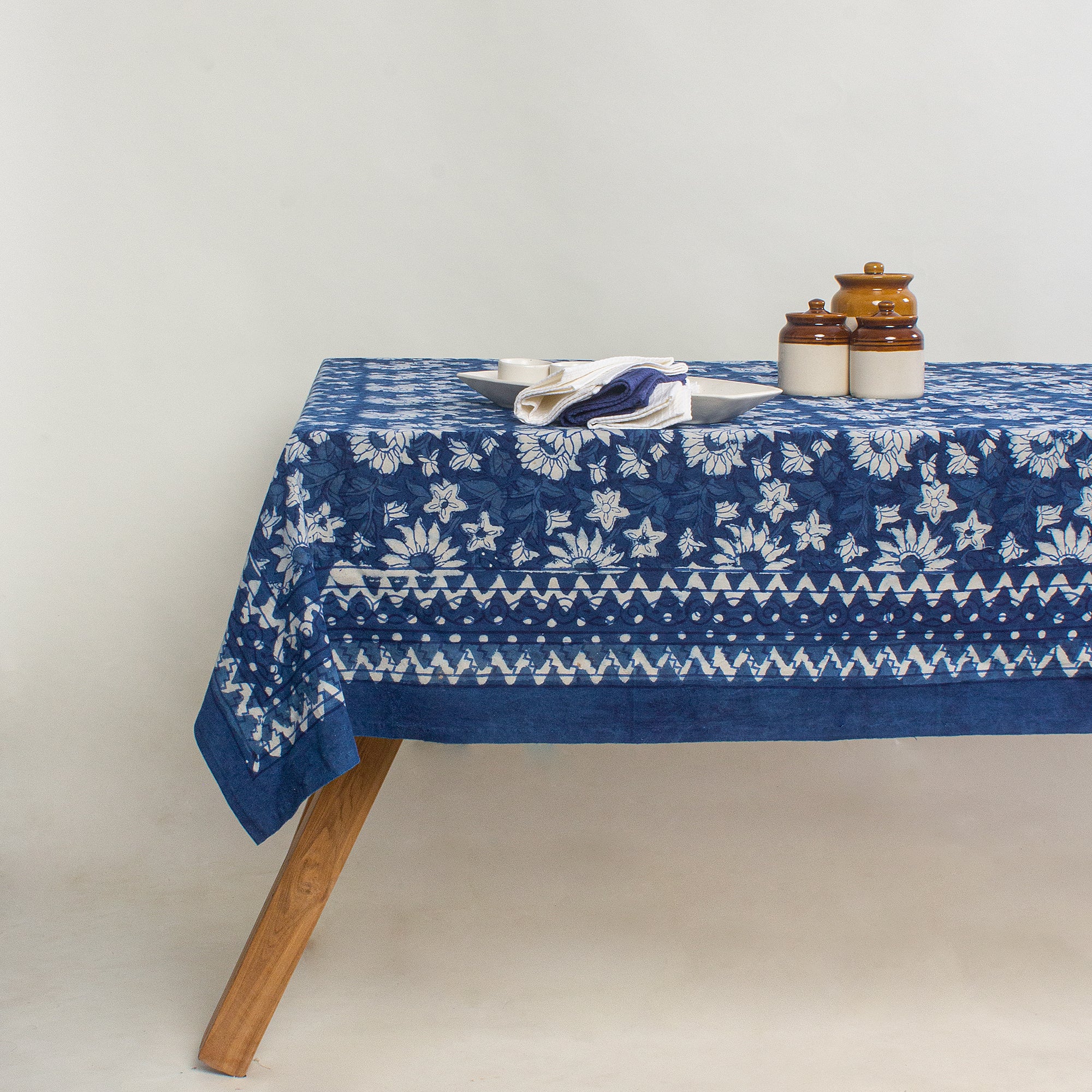 Indigo Dabu Hand Block Print Cotton Dining Table Cloth