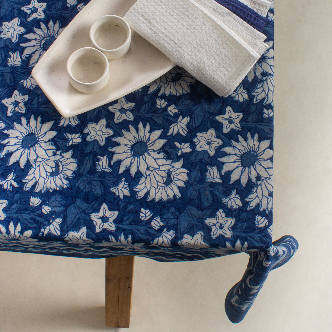 Indigo Dabu Hand Block Print Cotton Dining Table Cloth