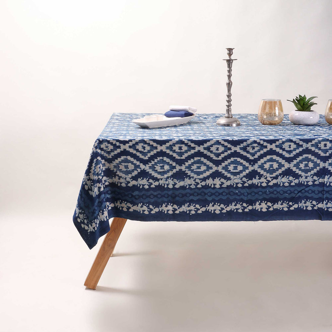  Indigo Dabu Hand Block Print Cotton Dining Tablecloth