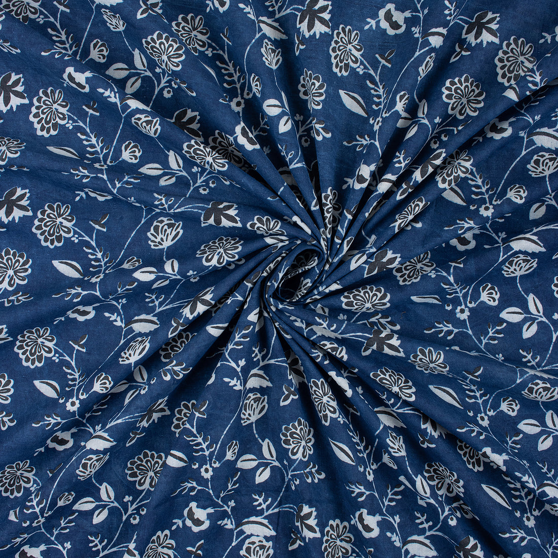 Indigo Floral Print Material Fabric 100% Cotton
