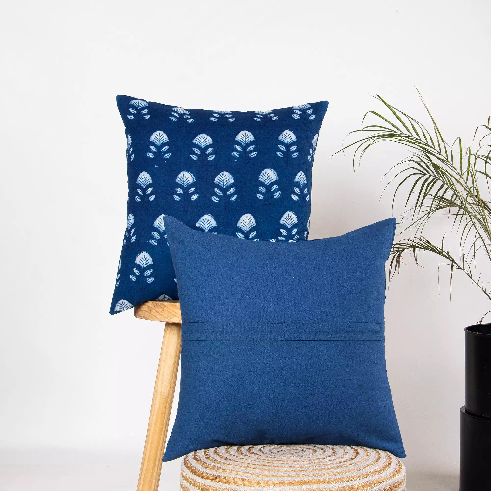 Indigo Hand Block Printed Floral Cushion Cover 
