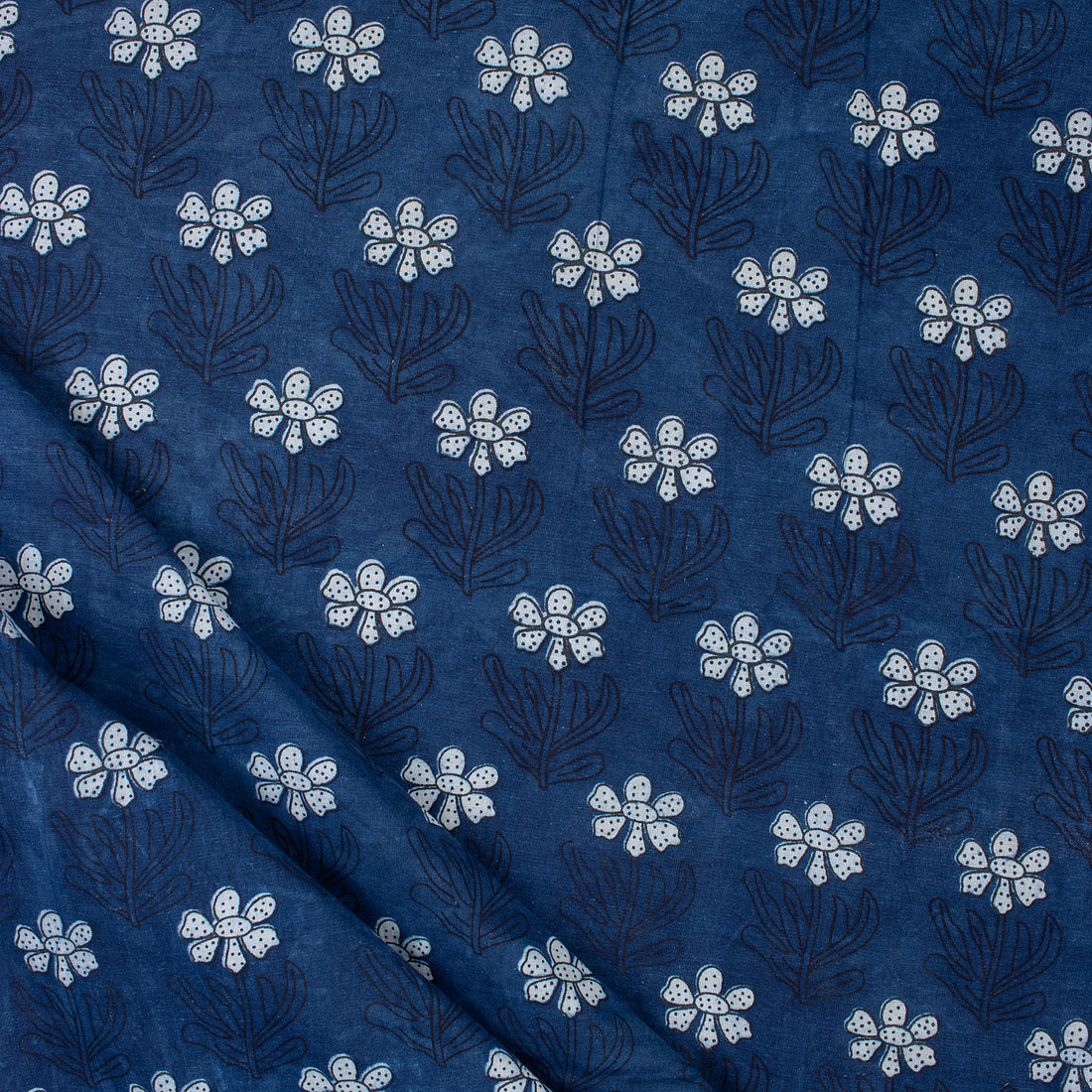 Jaipuri Hand Block Indigo Booti Floral Cotton Fabric by The Yard