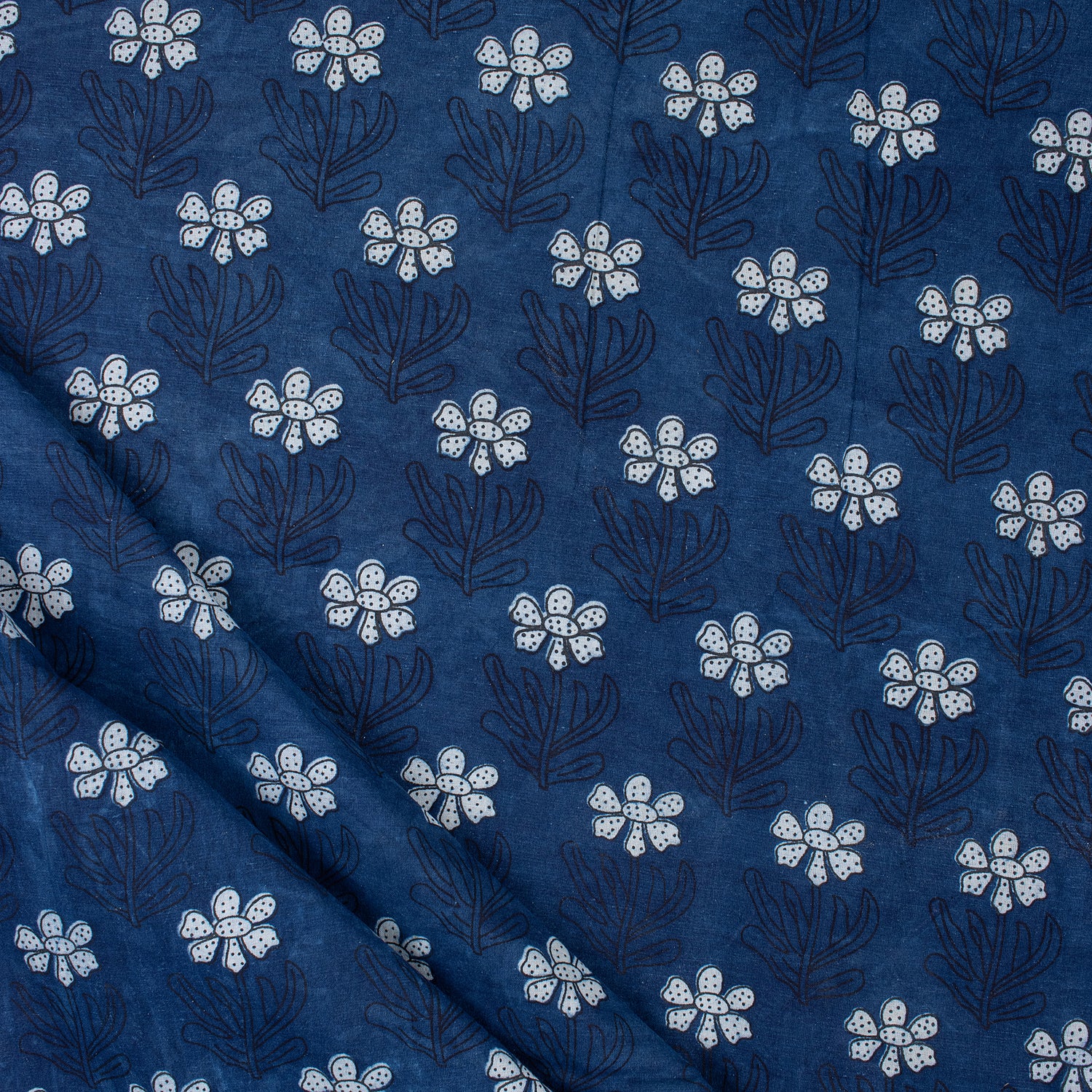 Jaipuri Hand Block Indigo Booti Floral Cotton Fabric by The Yard