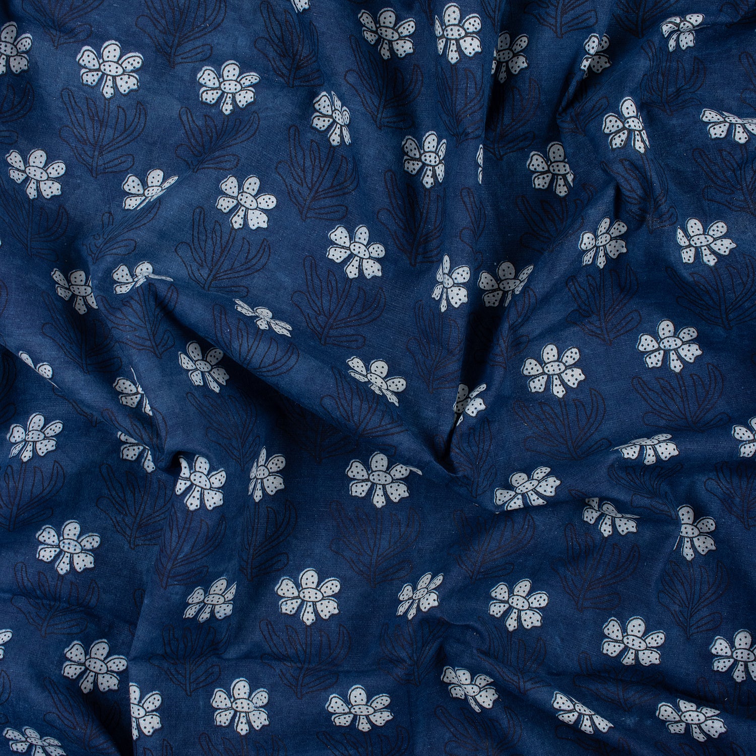 Jaipuri Hand Block Indigo Booti Floral Cotton Fabric by The Yard