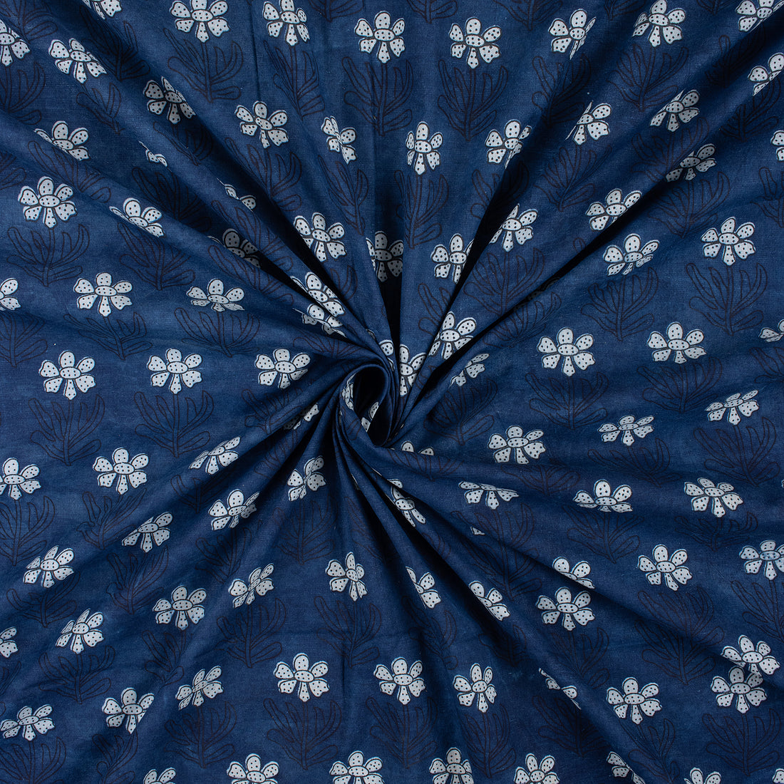 Jaipuri Hand Block Indigo Booti Floral Cotton Fabric by The Yard