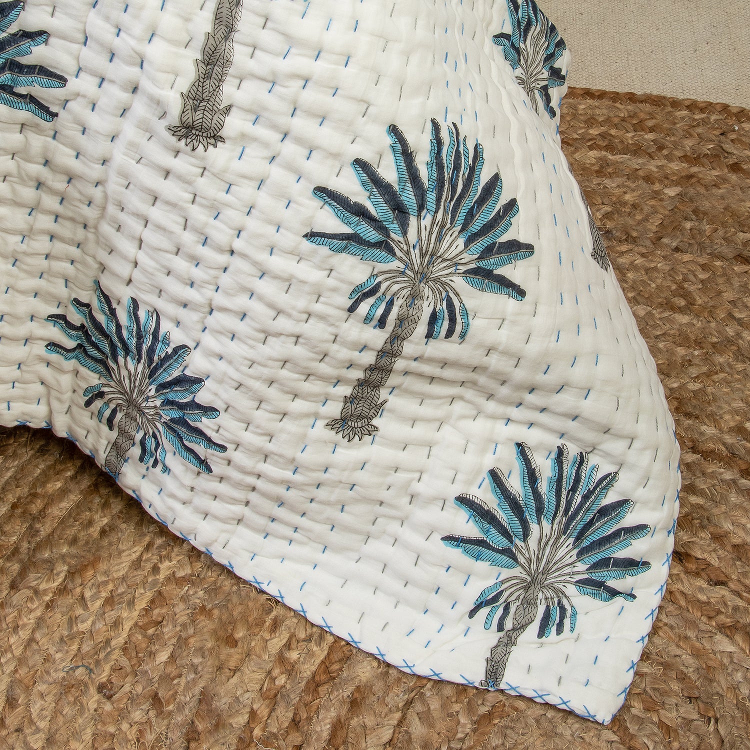 Kantha Hand Block Print Cotton Quilt Blanket Queen and King Sized