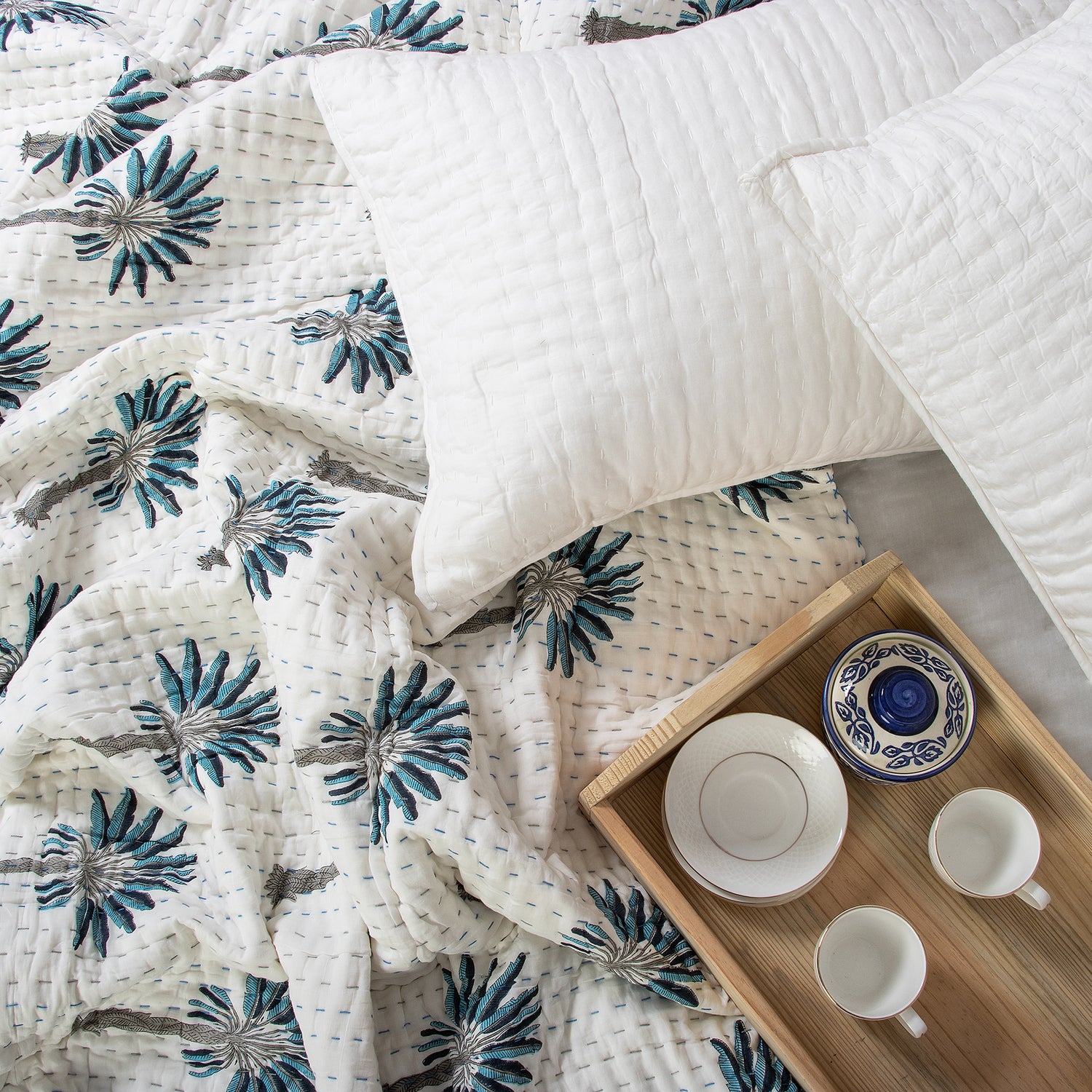 Kantha Hand Block Print Cotton Quilt Blanket Queen and King Sized