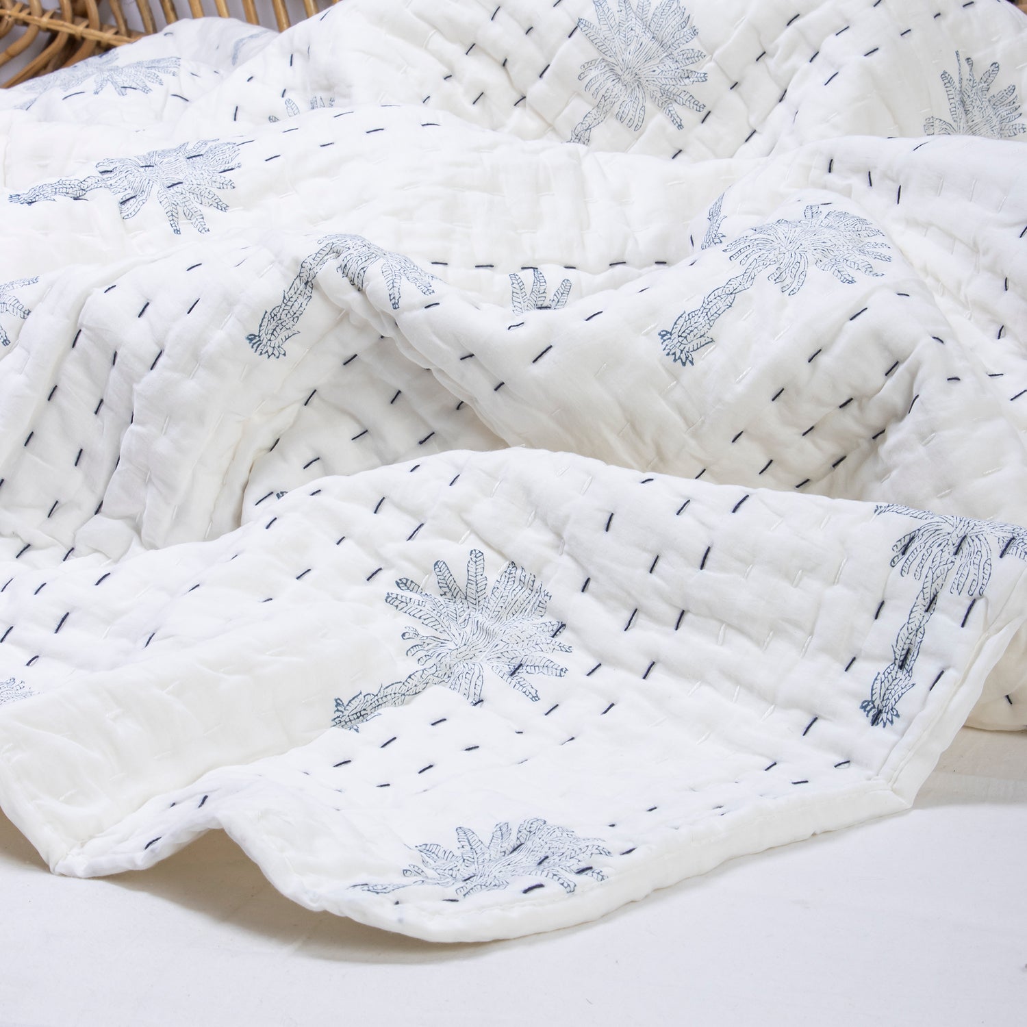 Kantha Hand Block Print Reversible Cotton Quilt Blanket