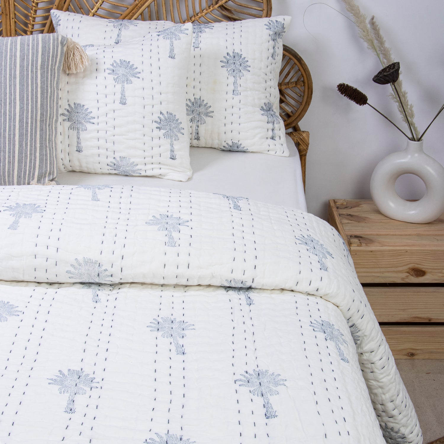 Kantha Hand Block Print Reversible Cotton Quilt Blanket