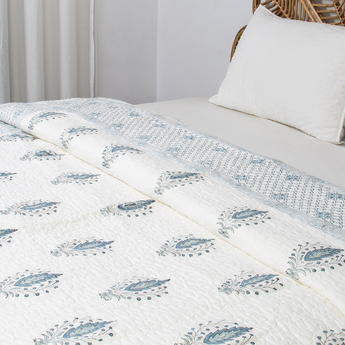 Leaf Hand Block Printed Cotton Machine Quilt with Pillow Covers