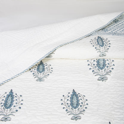 Leaf Hand Block Printed Cotton Machine Quilt with Pillow Covers