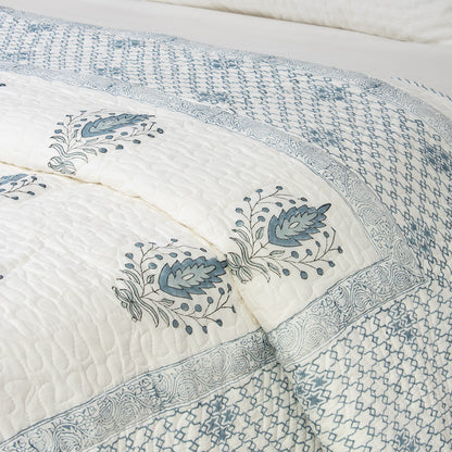 Leaf Hand Block Printed Cotton Machine Quilt with Pillow Covers