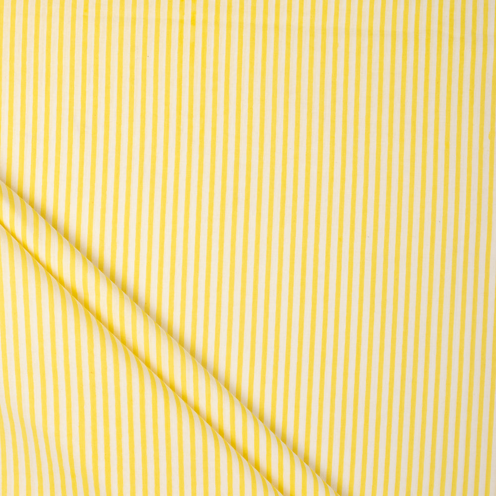 Lemon Yellow Striped Hand Block Printed Cotton Soft Fabric