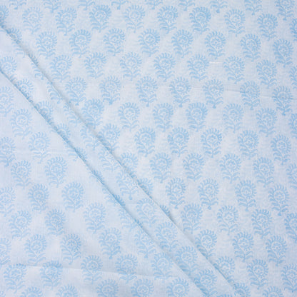 Light Blue Floral Hand Block Printed Cotton Fabric