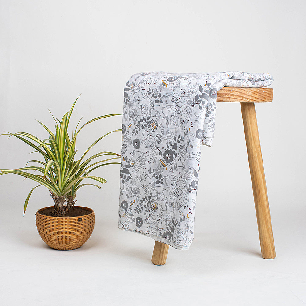 Light Weighted Gray Floral Hand Block Printed Fabric