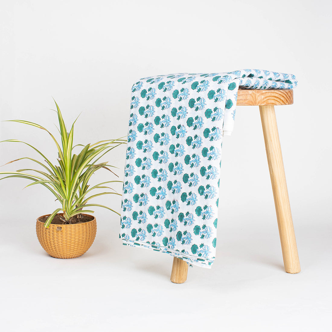 Light Weighted Green Floral Hand Block Printed Cotton Fabric