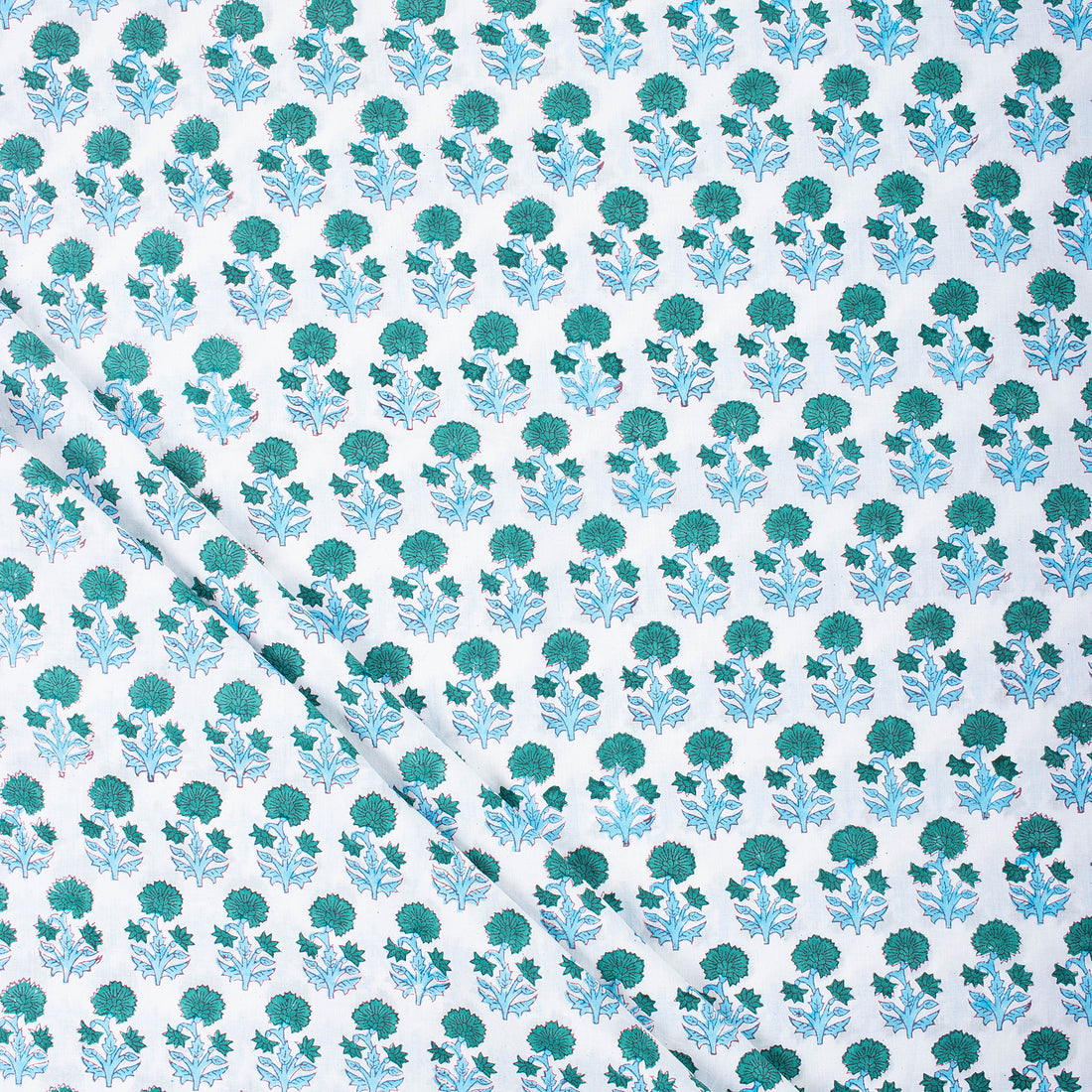 Light Weighted Green Floral Hand Block Printed Cotton Fabric
