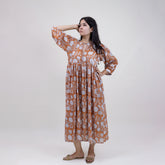 Light Weighted Hand Block Orange Floral Cotton Ladies Midi Dress