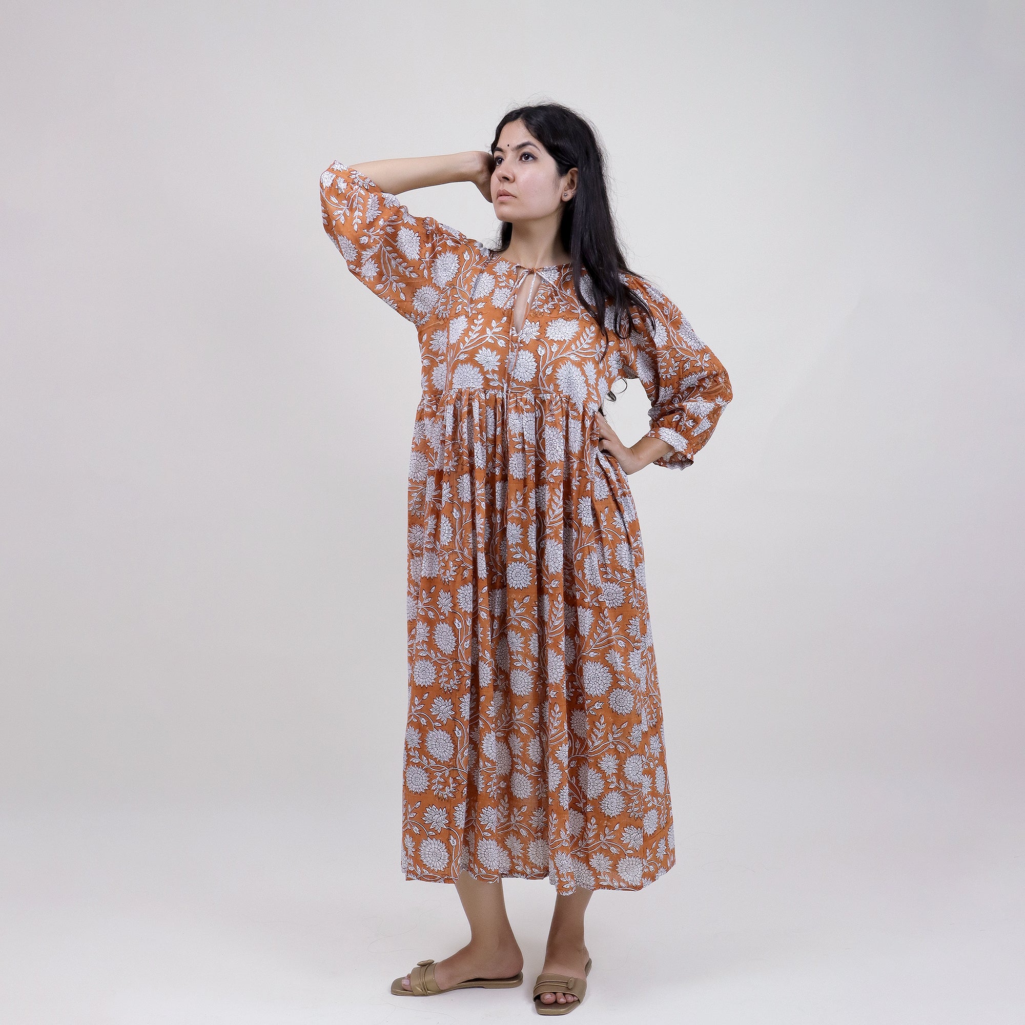 Light Weighted Hand Block Orange Floral Cotton Ladies Midi Dress