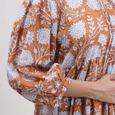 Light Weighted Hand Block Orange Floral Cotton Ladies Midi Dress