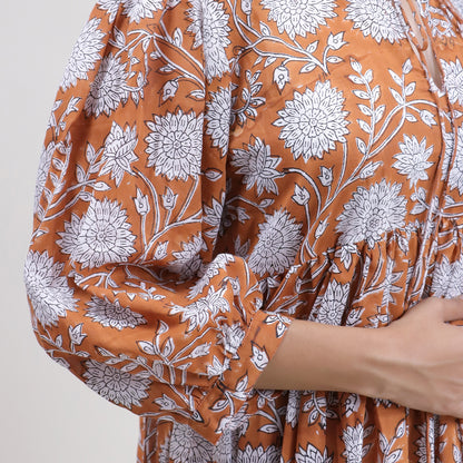 Light Weighted Hand Block Orange Floral Cotton Ladies Midi Dress