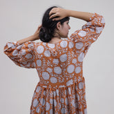 Light Weighted Hand Block Orange Floral Cotton Ladies Midi Dress