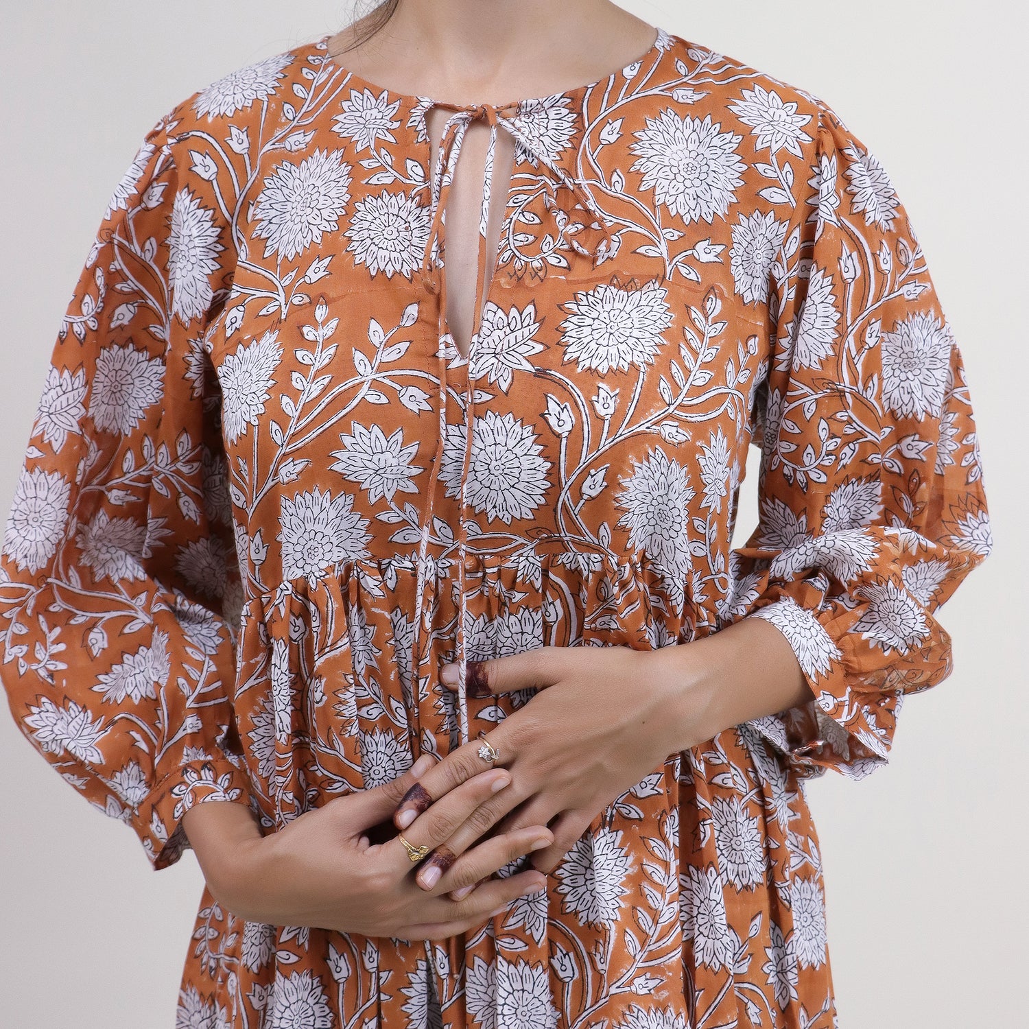 Light Weighted Hand Block Orange Floral Cotton Ladies Midi Dress