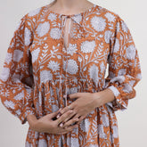 Light Weighted Hand Block Orange Floral Cotton Ladies Midi Dress
