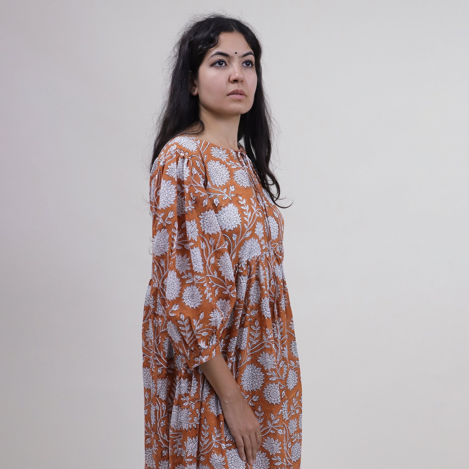 Light Weighted Hand Block Orange Floral Cotton Ladies Midi Dress
