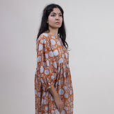 Light Weighted Hand Block Orange Floral Cotton Ladies Midi Dress