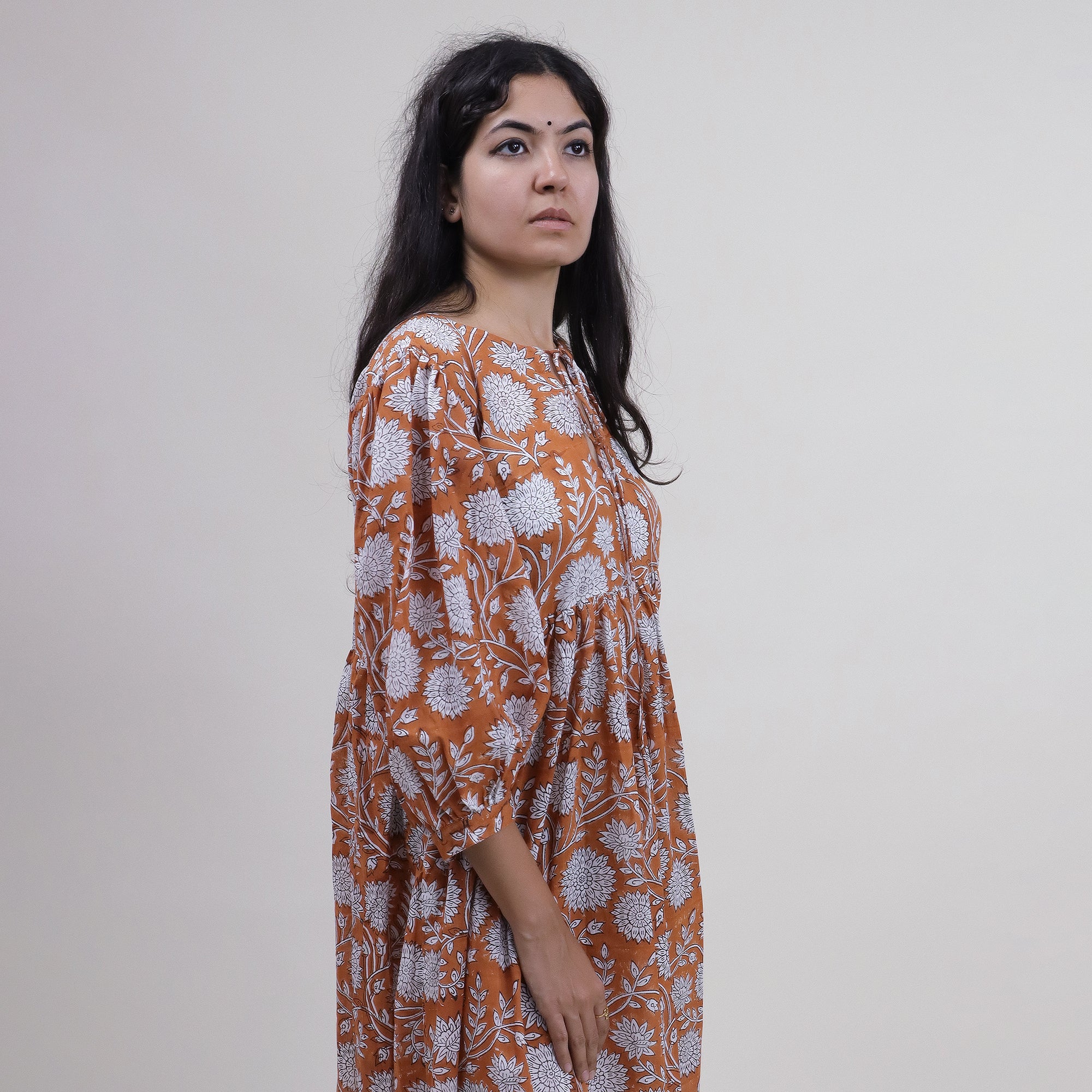 Light Weighted Hand Block Orange Floral Cotton Ladies Midi Dress