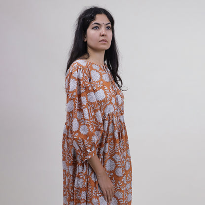 Light Weighted Hand Block Orange Floral Cotton Ladies Midi Dress