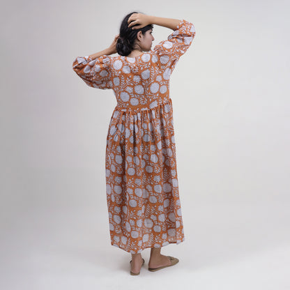 Light Weighted Hand Block Orange Floral Cotton Ladies Midi Dress