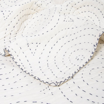 Light Weighted White Natural Cotton Kantha Quilt Blanket