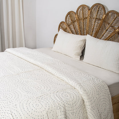 Light Weighted White Natural Cotton Kantha Quilt Blanket