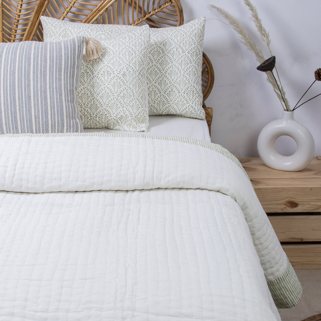 Luxurious White Hand Block Print Cotton Kantha Quilt Blanket