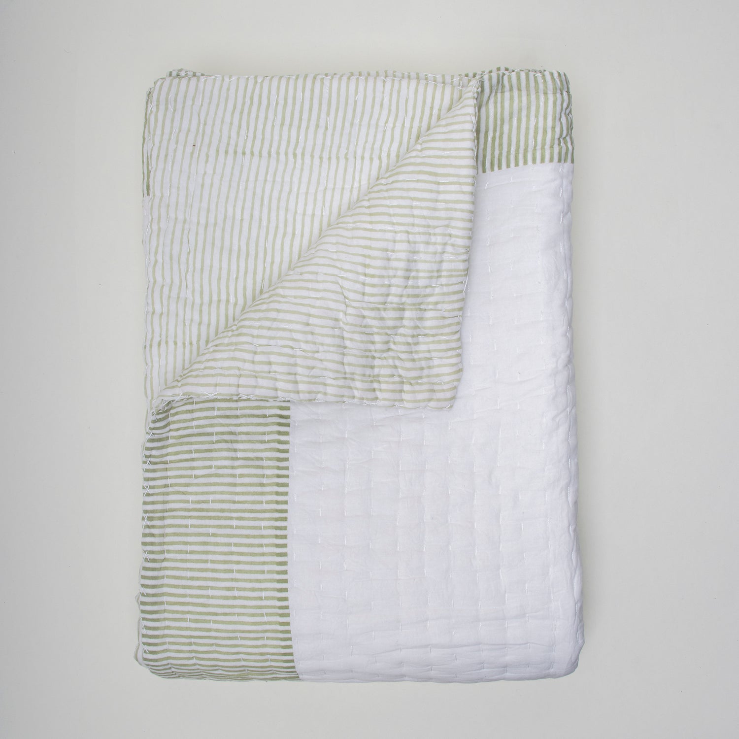Luxurious White Hand Block Print Cotton Kantha Quilt Blanket