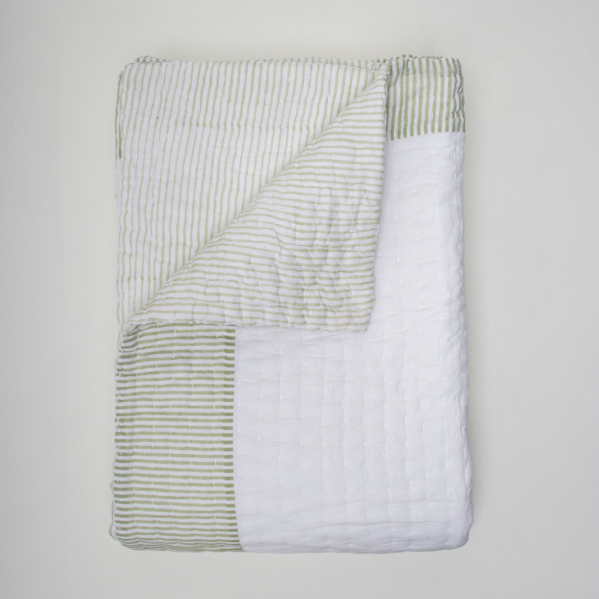 Luxurious White Hand Block Print Cotton Kantha Quilt Blanket