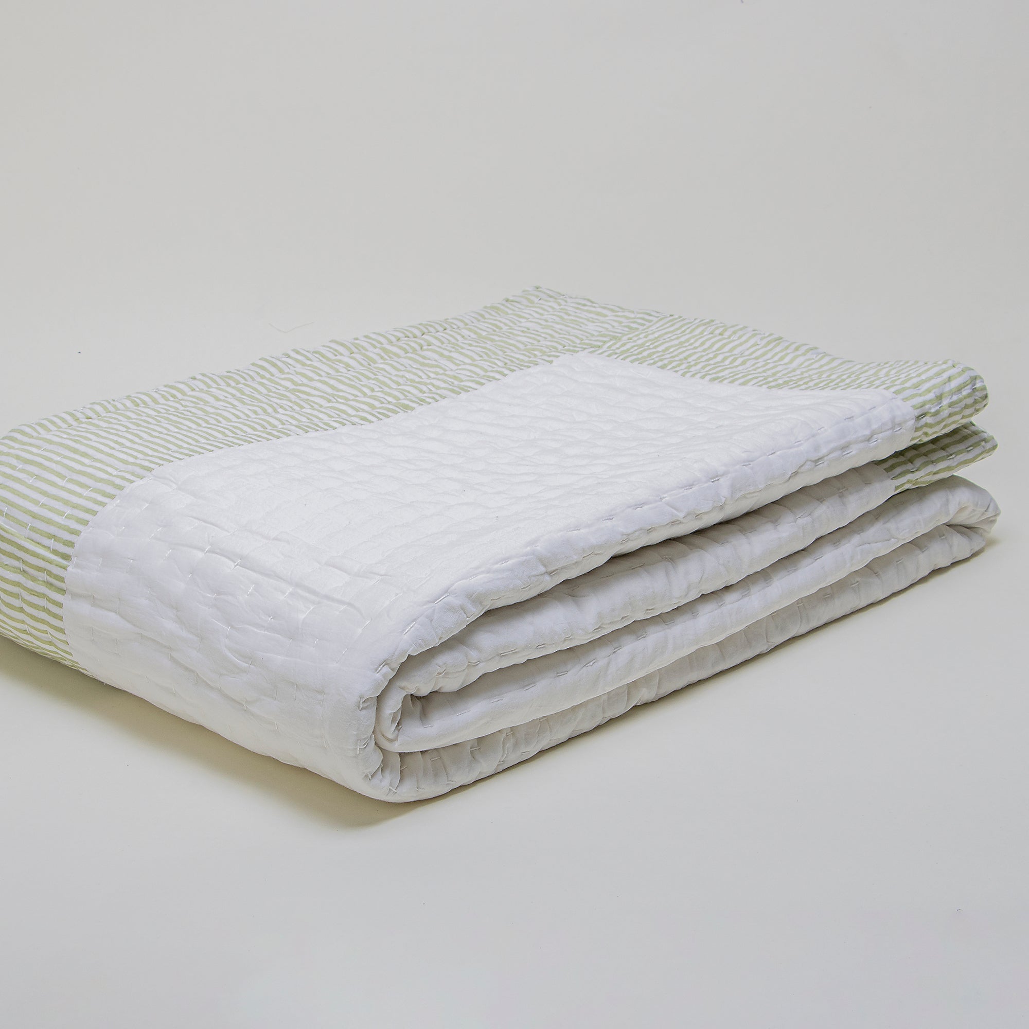 Luxurious White Hand Block Print Cotton Kantha Quilt Blanket