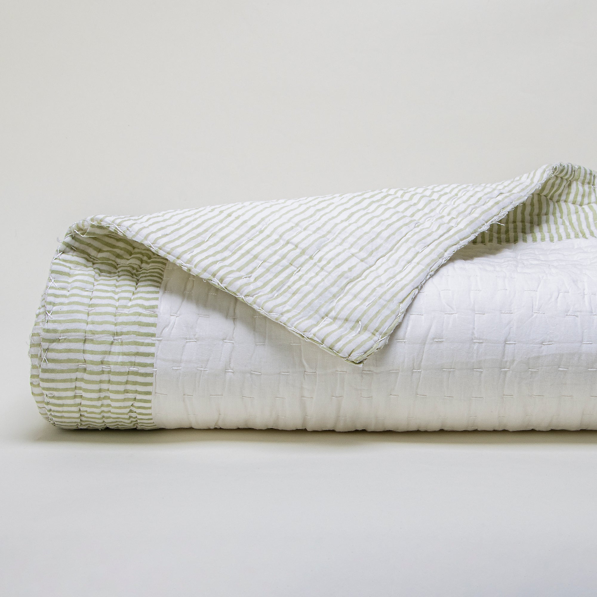 Luxurious White Hand Block Print Cotton Kantha Quilt Blanket