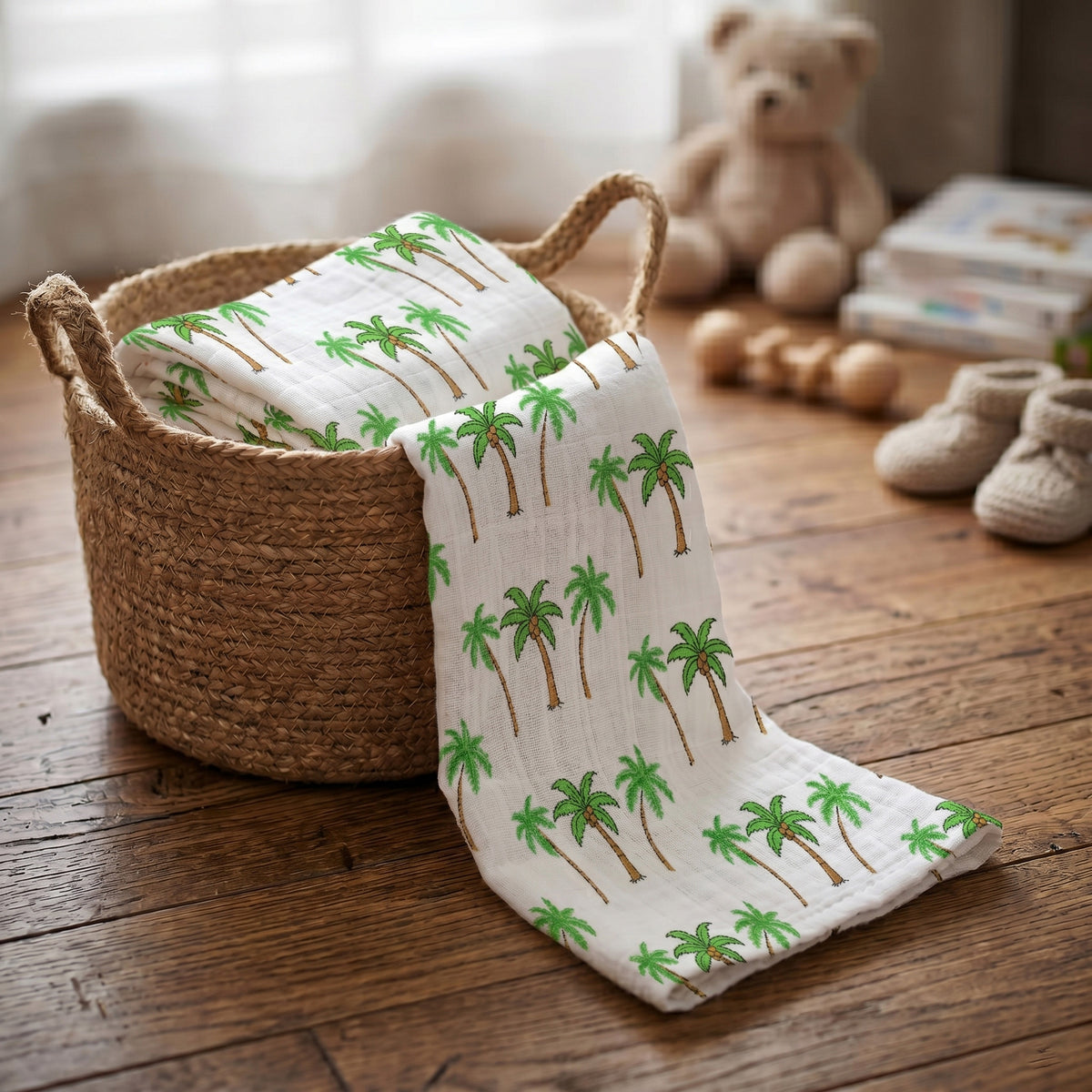 Palm Tree Printed Organic Cotton Newborn Swaddle Wrap