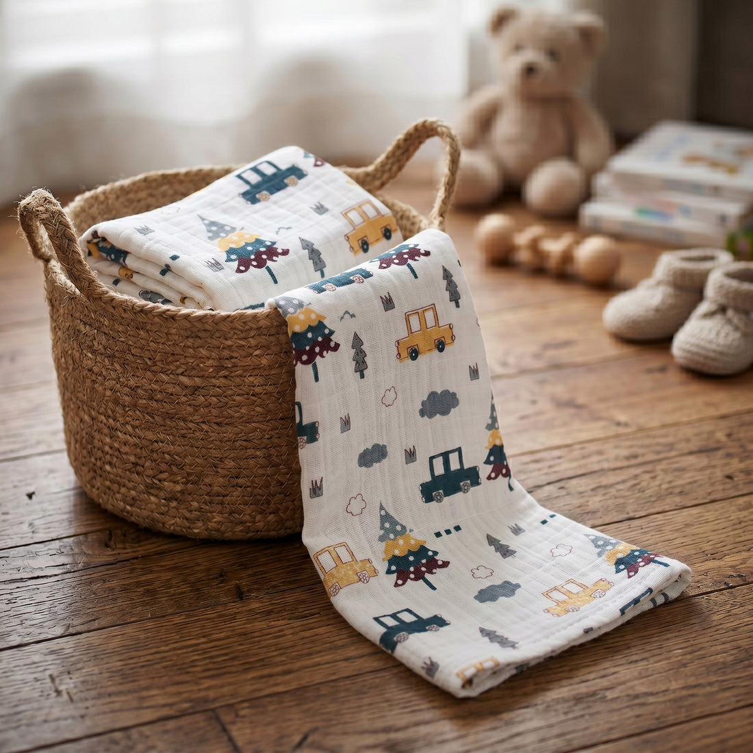 New Vehicle Printed Handmade Cotton Muslin Swaddle Wrap For Newborn